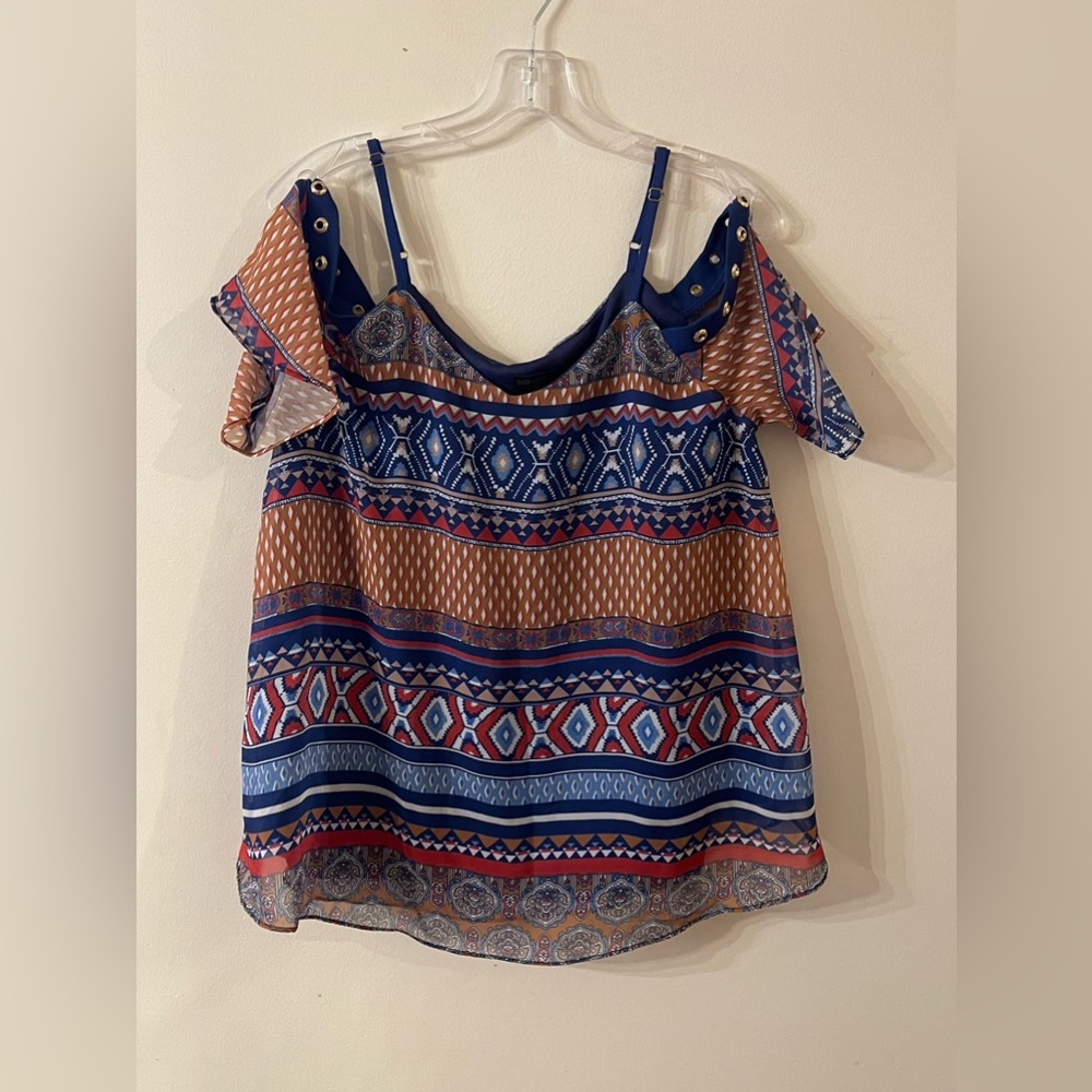 Coco + Carmen Blue Rust Geometric Paisley Cold Shoulder Blouse L/XL